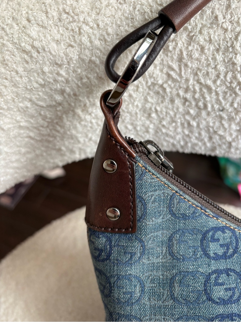 Gucci Blue Denim Monogram Shoulder Bag with Brown Leather Trim - Picture 4 of 12